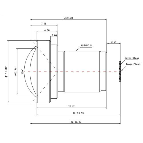 2.97mm 16MP 4K 1/2.3" low distortion M12 lens drawing